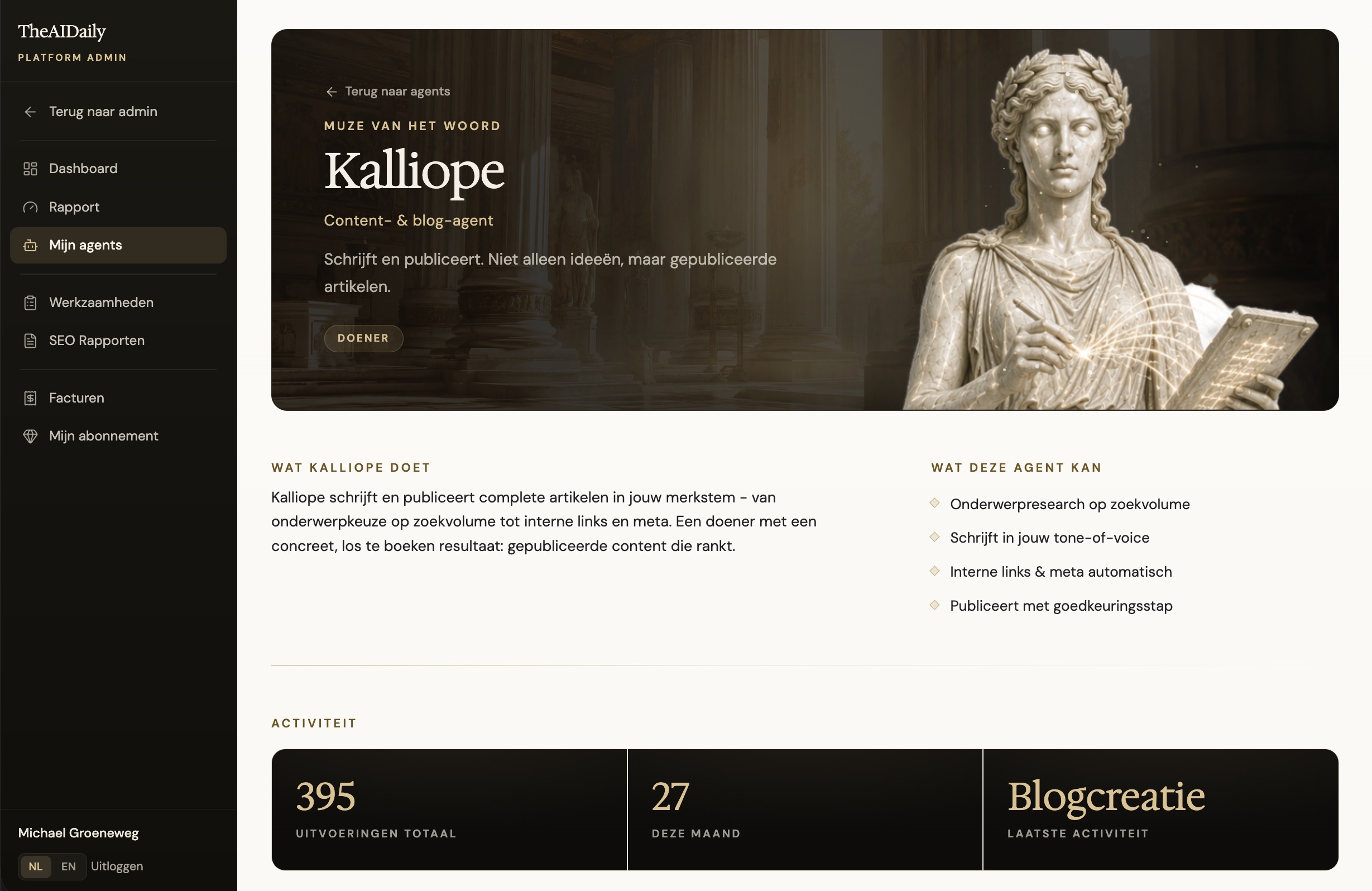 Het klantdashboard met het werk van de agents