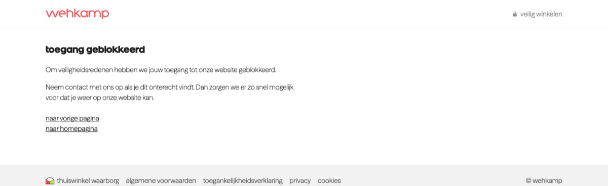De homepage van wehkamp.nl toont de melding toegang geblokkeerd wanneer de pagina wordt opgevraagd als GPTBot